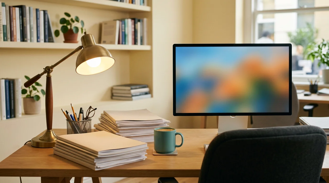 Redaktioneller Arbeitsplatz mit Unterlagen und Monitor, symbolisch für Recherche, 1376×768 px