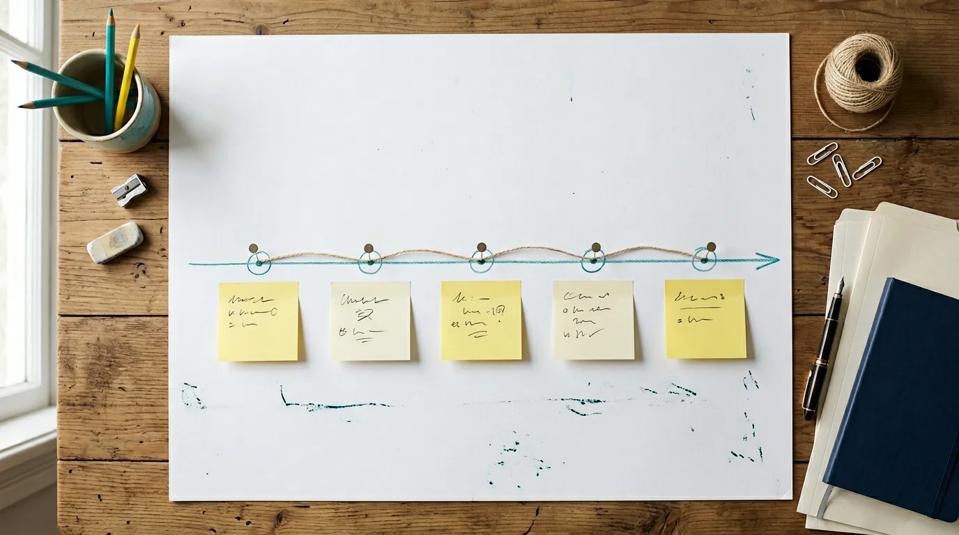 Symbolbild: Zeitstrahl auf Papier mit Haftnotizen, 1376×768 px