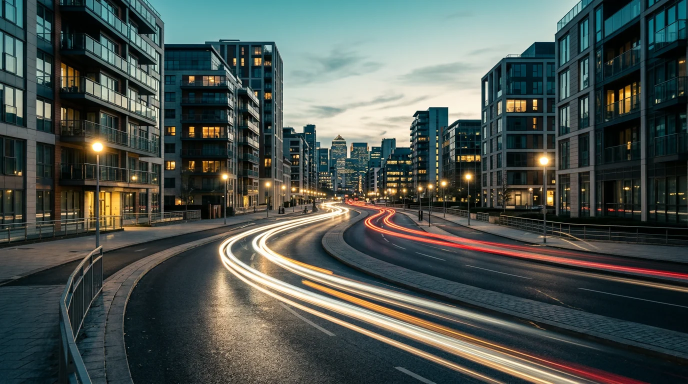 Abstrakte nächtliche Straßenführung mit Lichtbändern als Metapher für klare Versicherungsentscheidungen, 1376×768 px